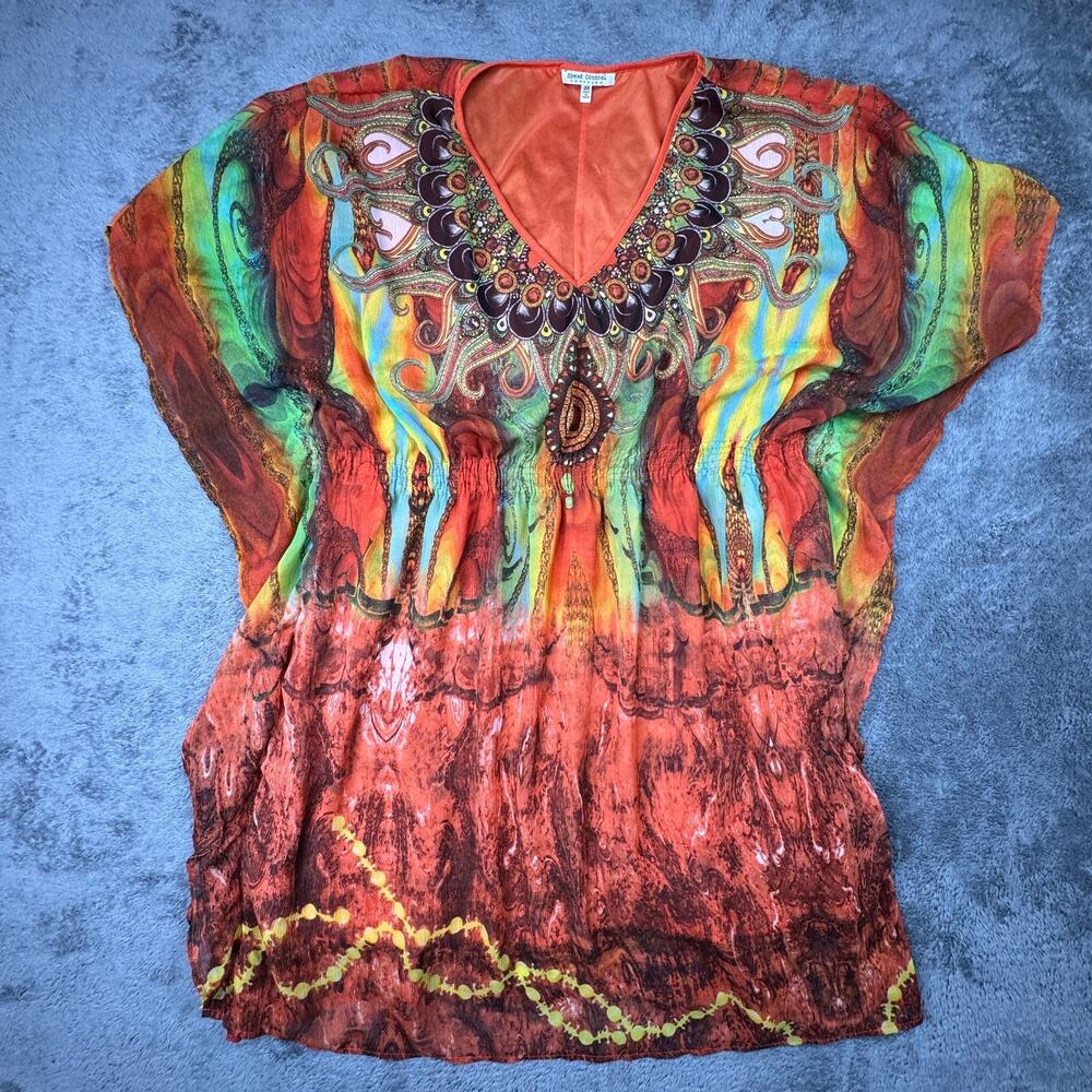 Y2K Vintage Speed Control New York Sheer Kaftan Tunic Top Psychedelic Print 3X